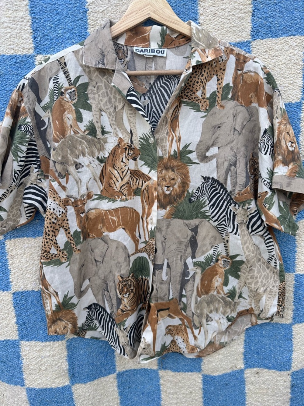 Vintage Safari Animal Print Button-Down Shirt in Brown, Tan, Green, Black